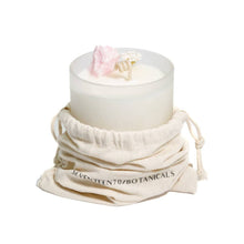 Load image into Gallery viewer, Flower Child with Pink Aragonite Candle in a glass holder, wrapped in a branded cloth bag on a white background.
