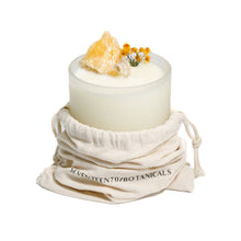 Load image into Gallery viewer, Golden Wattle &amp; Yellow Calcite Candle in a glass jar on a white background, featuring the brand 'Seventeen70 Botanicals'.
