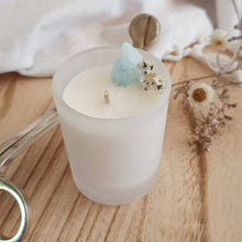 Load image into Gallery viewer, Sweet Pea and Blue Aragonite Candle with decorative elements on a wooden surface
