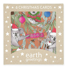 Load image into Gallery viewer, Pack of Christmas cards with koalas and eucalyptus leaves, featuring the brand &#39;earth greetings&#39;.

