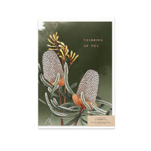 Load image into Gallery viewer, Greeting card with floral design and 'Thinking of You' text on a green background, typoflora
